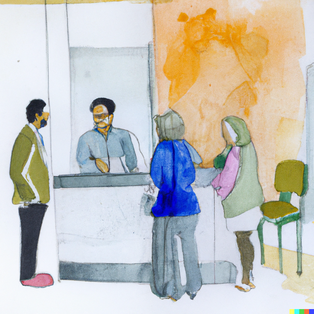 DALL·E 2023 09 27 14.59.14 Make A Watercolor People Inisde A Bank Speaking To A Teller